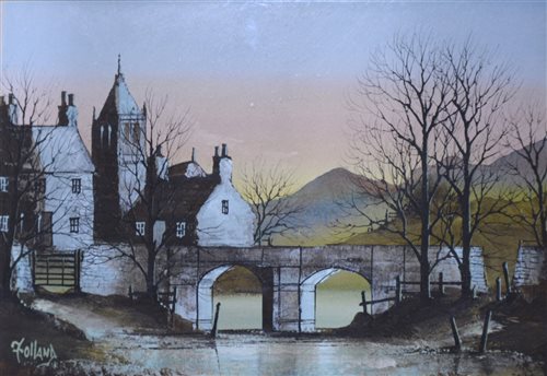 Lot 402 - Ron Folland, River scene with a bridge, signed, ink with watercolour, framed, 33cm x 23cm.