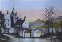 Lot 402 - Ron Folland, River scene with a bridge, signed, ink with watercolour, framed, 33cm x 23cm.
