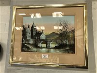Lot 402 - Ron Folland, River scene with a bridge, signed, ink with watercolour, framed, 33cm x 23cm.
