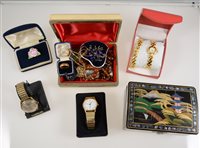 Lot 350 - A quantity of costume jewellery brooches, bead necklaces, and dress watches, jewel box.