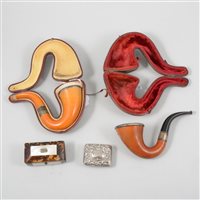 Lot 150 - Two pipes in fitted cases, a "Sherlock Holmes" style pipe with silver rim to bowl hallmarked Birmingham 1911 and another (af), a rectangular tortoiseshell snuff box 