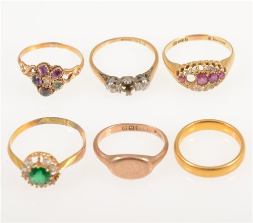 Lot 228 - Six various gold rings, some missing stones, a 22 carat 3.8mm wide wedding band, 4.9gms, five other gold rings set with some diamonds, rubies and semi precious stones11gms. (6)