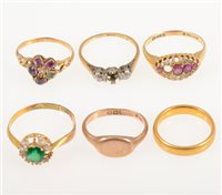 Lot 228 - Six various gold rings, some missing stones, a 22 carat 3.8mm wide wedding band, 4.9gms, five other gold rings set with some diamonds, rubies and semi precious stones11gms. (6)