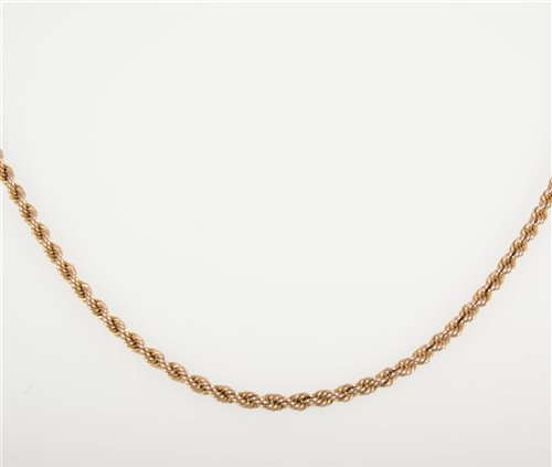 Lot 246 - A 9 carat yellow gold solid rope link chain necklace, 4mm gauge, 60cm long, approximate weight 35.8gms.