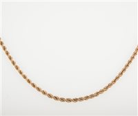 Lot 246 - A 9 carat yellow gold solid rope link chain necklace, 4mm gauge, 60cm long, approximate weight 35.8gms.
