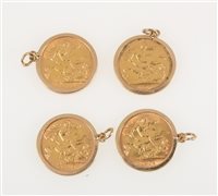 Lot 304 - Four Half Sovereigns - Edward VII 1903 (1) and George V 1912 (2), 1914 (1) all in 9 carat yellow gold plain pendant mounts