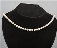 Lot 347 - A matching cultured pearl necklace and bracelet, the necklace having sixty-three 6mm pearls knotted every pearl, 45cm long, the bracelet having twenty-eight pearls. (2)