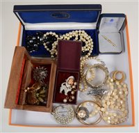 Lot 351 - A collection of costume jewellery, simulated pearl necklaces, rolled gold half hinged bangles, paste set brooches, earrings, three simulated pearl pendants with gold-plated caps, etc.