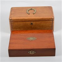 Lot 71 - An olive wood twin compartment box and a small mahogany writing box with lift out tray (2)