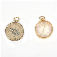 Lot 155 - A Dolland pocket barometer - compensated 12139 in a 48mm brass case, a 19th century pocket compass in a 50mm brass case with bevelled glass and side locking mechanism. (2)
