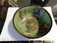 Lot 77 - A Japanese cloisonné green ground bowl together with two reverse painted snuff bottles.