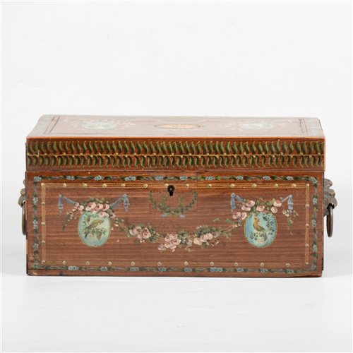 Lot 74 - Georgian mahogany caddy, brass lion mask handles, later hand painted decoration.
