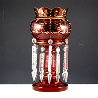 Lot 13A - A cranberry glass single lustre, with twelve crystal glass droplets, gilt decoration, 35cm. engraved rummer and a tea bowl, and small selection of other ceramics.