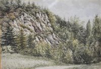 Lot 348 - W. Vallance, Rocks behind Abernyte House, 1881, watercolour.