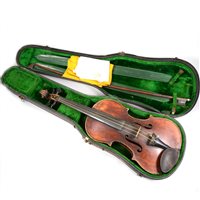 Lot 93 - German violin, two piece back, with a bow, cased