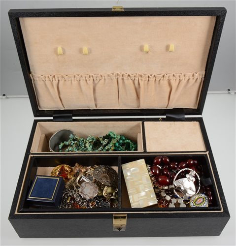 Lot 352 - A jewel box of silver, gold and costume jewellery - amber coloured bakelite beads, rough amber necklaces. lapis necklace, silver brooch hallmarked Chester 1884