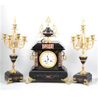 Lot 120 - French slate and marble mantle clock, with pair of five-light garniture
