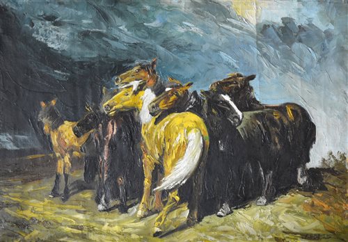 Lot 384 - After Rosa Bonheur, Wild Horses , oil on canvas.