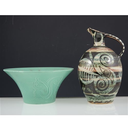 Lot 29 - Susie Cooper studio ware bowl with incised Squirrel design, and three art pottery items.