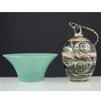 Lot 29 - Susie Cooper studio ware bowl with incised Squirrel design, and three art pottery items.