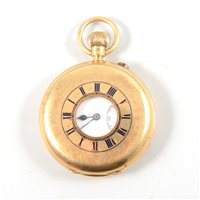 Lot 332A - J W Benson London - an 18 carat yellow gold demi hunter pocket watch, the white enamel dial with an roman numeral chapter ring and subsidiary seconds dial in plain polished case