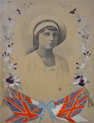 Lot 403 - Early 20th Century, photographic memorial portrait on embroidered silk, HMS Victoria; together with a number of artworks.