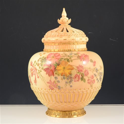 Lot 22 - Royal Worcester pot-pourri lidded vase, blush ivory ground with floral and gilt decoration.