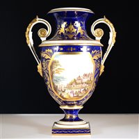 Lot 1 - Bloor Derby twin handle urn vase, painted with a view of Constantinople
