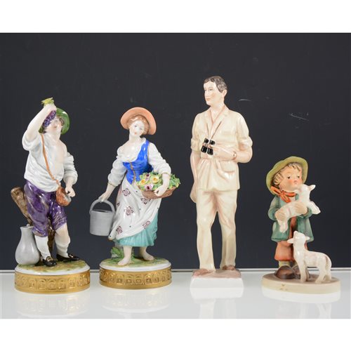 Lot 9 - Pair Dresden figures, Royal Doulton cat, Goebel boy figure, Coalport HRH Prince of Wales, and other porcelain figures, (6).