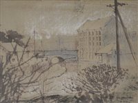 Lot 389 - Peter Newcombe, Blisworth Mill and Canal, ink and wash sketch.