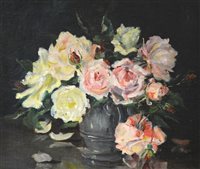 Lot 380 - Marion Broom, attributed, Roses in a Green Bowl, oil on canvas board.