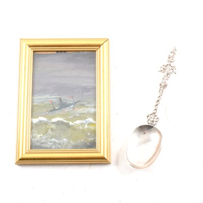 Lot 183 - A Victorian silver spoon, a gift from Lionel Jeffries the actor and screenwriter and a small painting by Lionel Jeffries.