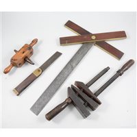 Lot 178 - A quantity old collectable wood working tools - a Rabone boxwood draughtsman's square No. 1507 12" and 24" , a Stanley hand drill, rosewood and brass faced adjustable T square