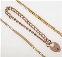 Lot 283 - A rose metal hollow curb link bracelet with padlock fastener, a broken 9 carat gold graduated hollow curb link chain necklace