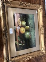 Lot 425 - English School, pair of Victorian landscapes, oil on board; and another oil, still life of fruit (3)