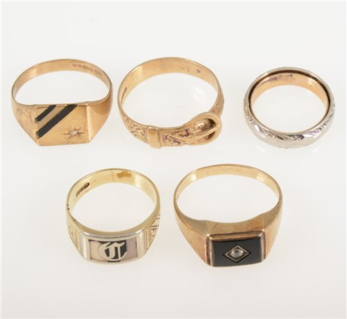 Lot 235 - Six gold wedding/signet rings, a 9 carat white gold 4.8mm wide wedding band, 5.2mm wide buckle ring, wedding band size I