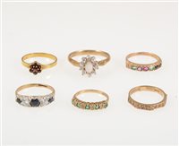 Lot 313 - Six gemset dress rings, four 9 carat gold and set with various coloured gems, gross weight approximately 7.7gms, two silver gilt, ring sizes J-O. (6)