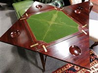Lot 490 - Late Victorian mahogany envelope top card table, baize lined interior, fitted with a single frieze drawer, square tapering legs joined by stretchers, width 56cm.