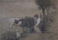 Lot 390 - J K Duff, Feeding the calves, signed, pastel, 25cm x 35cm.