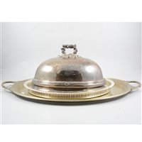 Lot 116 - Victorian electroplated oval meat dish cover, cast handle, 36cm, an oval plated tea tray, a modern plated gallery tray, a salver and a stand, (5).