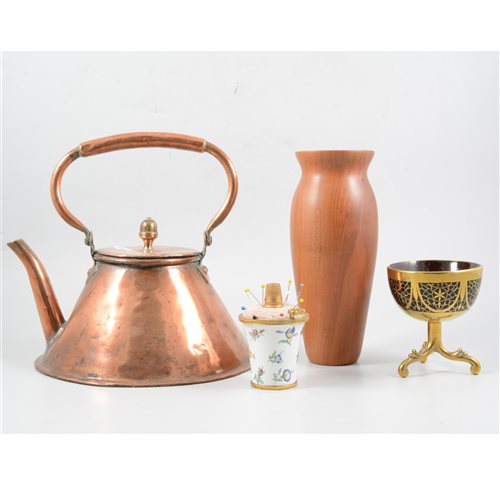 Lot 160 - Brass and coconut shell pedestal bowl, 10cm, other metalware, Ridgway jug, tankard, etc.