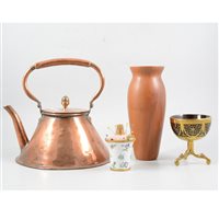 Lot 160 - Brass and coconut shell pedestal bowl, 10cm, other metalware, Ridgway jug, tankard, etc.