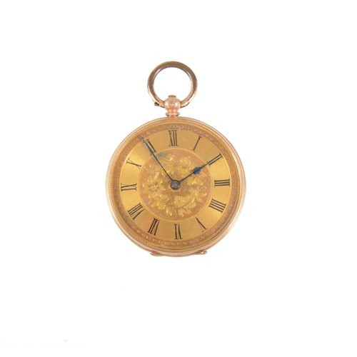 Lot 244 - An open face fob watch, gold-coloured dial with floral centre and Roman numeral chapter ring, in a yellow metal engraved and engine turned outer case marked 14K