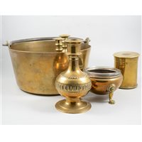 Lot 130 - A large quantity of metalware, including postal scales with brass weights, pair of brass candlesticks, large brass jam pan