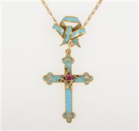 Lot 252 - A yellow metal cross 25mm x 20mm, decorated with turquoise enamel and set with a small ruby and four small rose cut diamonds