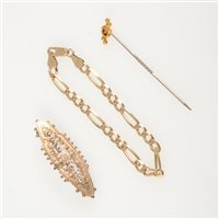 Lot 215 - A 9 carat yellow gold figaro link bracelet approximate weight 6gms, small floral sweetheart brooch with metal pin, stick pin with red stone. (3)