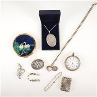 Lot 279 - A silver oval locket on a chain with Sheffield import mark, an open face pocket watch with Swiss hallmarks, a plated vesta case, powder compact, earrings, brooch etc.