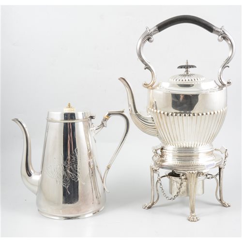 Lot 131 - A quantity of silver-plated items, including a four piece teaset, plain polished finish decorated with a butterfly; a Britannia metal four piece teaset, floral decoration to body, beaded rims. (15)