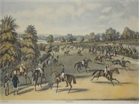 Lot 435 - Four coloured prints - After Henry Alken "Johnson's Pedestrian Hobbyhorse Riding School", 29cm x 36cm Jas Pollard "Epsom Preparing to Start"