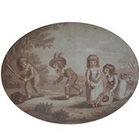 Lot 401 - After Francesco Bartolozzi, Children's Games, pair of sepia stipple engravings, oval, 14.5cm x 20cm, in black and gilt oval frames, (2)